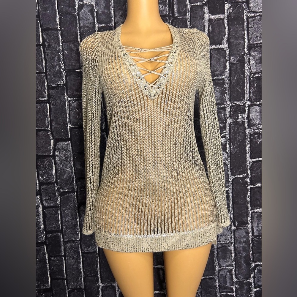 INC International Concepts Metallic Lace-Up Sweater